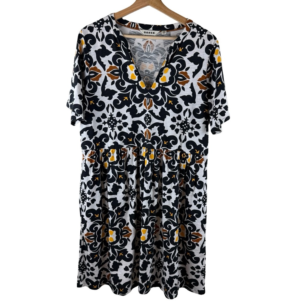 Boden Black Easy Notch Neck Jersey Dress Floral 100% Cotton Size 14 - Picture 5 of 9